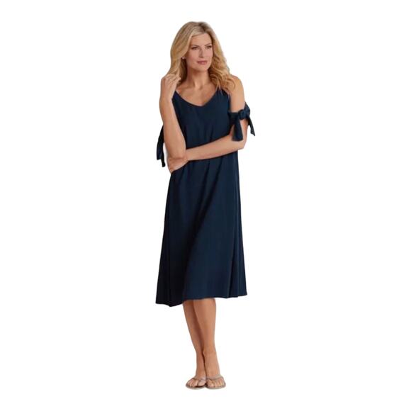 Soft Surroundings Destin Navy Blue Cold Shoulder Dress 3AF78 Medium with Pockets - Picture 1 of 14